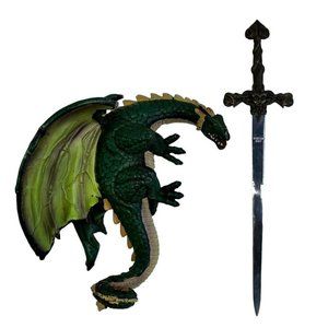 Green Dragon Ornate Dagger Sword Display Sculpture Wall Mount Resin Plaque